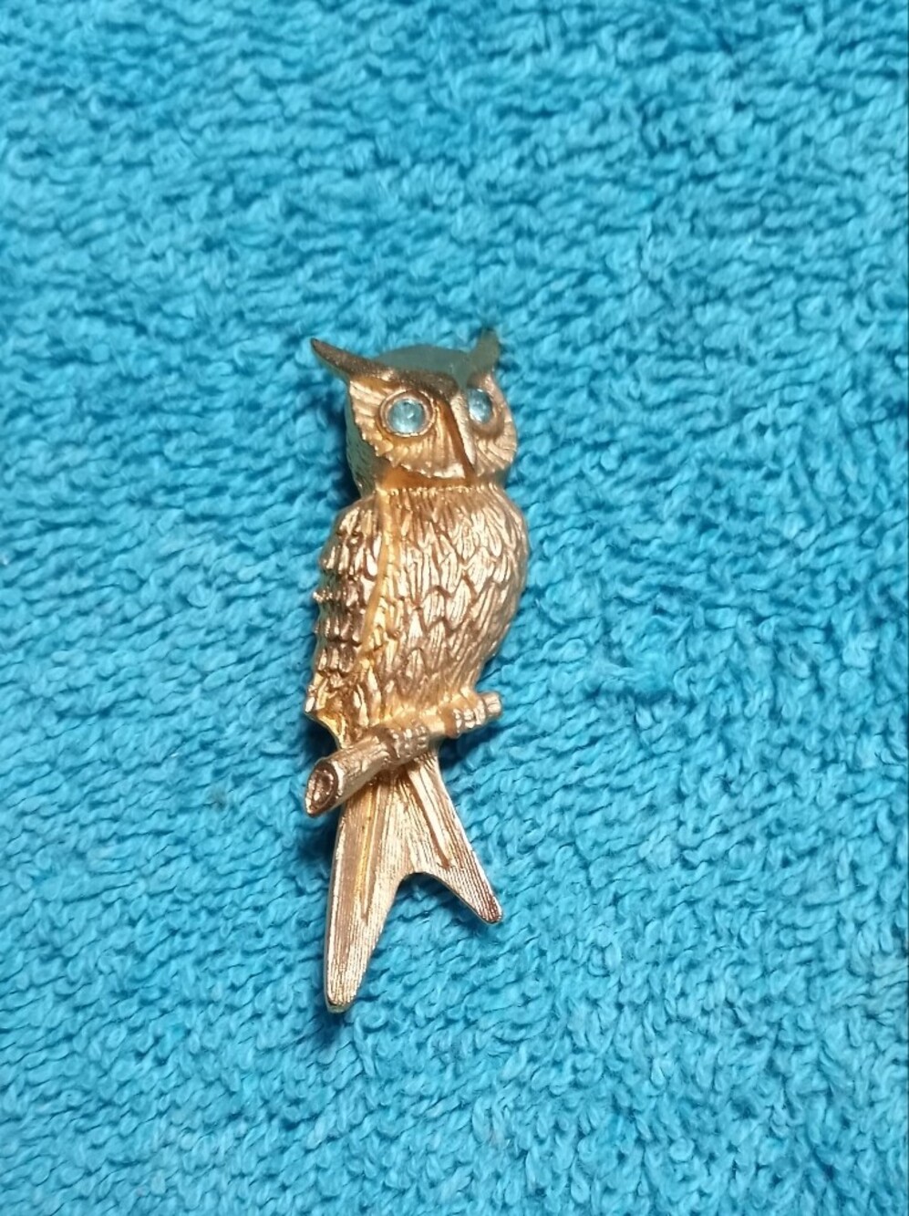 Gold Owl Figure Pin Brooch With Blue Crystal Eyes